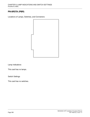 Page 406CHAPTER 3 LAMP INDICATIONS AND SWITCH SETTINGS
PN-8RSTA (PBR)
NEAX2000 IVS2 Installation Procedure ManualPage 380ND-70928 (E), Issue 1.0
PN-8RSTA (PBR)
Locations of Lamps, Switches, and Connectors
Lamp Indications
This card has no lamps.
Switch Settings
This card has no switches. 