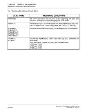 Page 60CHAPTER 1 GENERAL INFORMATION
Application Processor Card Mounting Conditions
NEAX2000 IVS2 Installation Procedure ManualPage 34ND-70928 (E), Issue 1.0
(4) Mounting Conditions of Each Card
CARD NAME MOUNTING CONDITIONS
PN-PW00 No circuit card can be mounted in the adjoining left side slot
because one card occupies two physical slots width.
PN-CC01 Mount the PN-CC01 card in the slot that adjoins the PN-AP01
card. Connect both cards using cable (48-TW-0.3 CONN CA).
PN-BRTA
PN-2BRTC
PN-24DTA-C
PN-30DTC-A...