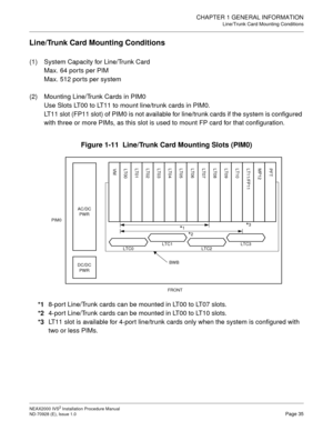 Page 61CHAPTER 1 GENERAL INFORMATION
Line/Trunk Card Mounting Conditions
NEAX2000 IVS2 Installation Procedure Manual
ND-70928 (E), Issue 1.0Page 35
Line/Trunk Card Mounting Conditions
(1) System Capacity for Line/Trunk Card
Max. 64 ports per PIM
Max. 512 ports per system
(2) Mounting Line/Trunk Cards in PIM0
Use Slots LT00 to LT11 to mount line/trunk cards in PIM0.
LT11 slot (FP11 slot) of PIM0 is not available for line/trunk cards if the system is configured 
with three or more PIMs, as this slot is used to...