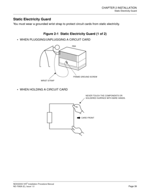 Page 65CHAPTER 2 INSTALLATION
Static Electricity Guard
NEAX2000 IVS2 Installation Procedure Manual
ND-70928 (E), Issue 1.0Page 39
Static Electricity Guard
You must wear a grounded wrist strap to protect circuit cards from static electricity.
Figure 2-1  Static Electricity Guard (1 of 2)

WHEN PLUGGING/UNPLUGGING A CIRCUIT CARD

WHEN HOLDING A CIRCUIT CARD
PBX
WRIST STRAP
FRAME GROUND SCREW
CARD FRONT
NEVER TOUCH THE COMPONENTS OR 
SOLDERED SURFACE WITH BARE HANDS. 