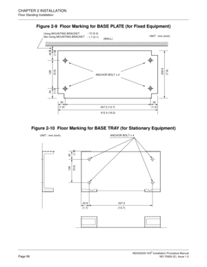 Page 84CHAPTER 2 INSTALLATION
Floor Standing Installation
NEAX2000 IVS2 Installation Procedure ManualPage 58ND-70928 (E), Issue 1.0
Figure 2-9  Floor Marking for BASE PLATE (for Fixed Equipment)
Figure 2-10  Floor Marking for BASE TRAY (for Stationary Equipment)
(WALL)UNIT : mm (inch)
202.6 
(7.9)ANCHOR BOLT x 4
347.2 (13.7)
412.4 (16.2) 30 
(1.2)30 
(1.2)
34 
(1.3)128 
(5.0)40.6 
(1.6)
 
Using MOUNTING BRACKET: 10 (0.4) 
Not Using MOUNTING BRACKET
: 1.7 (0.1)
ANCHOR BOLT x 4
45 128
(1.8) (5.0)
43.9
(1.7)347.2...