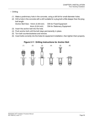 Page 85CHAPTER 2 INSTALLATION
Floor Standing Installation
NEAX2000 IVS2 Installation Procedure Manual
ND-70928 (E), Issue 1.0Page 59
Drilling
(1) Make a preliminary hole in the concrete, using a drill bit for small-diameter holes.
(2) Drill a hole in the concrete with a drill suitable for a plug bolt a little deeper than the plug 
bolt length.
Anchor Bolt Size : 10mm (0.39 inch) DIA for Fixed Equipment
6mm (0.24 inch) DIA for Stationary Equipment
(3) Insert the anchor bolt into the hole.
(4) Push anchor bolt...