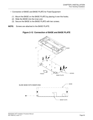 Page 89CHAPTER 2 INSTALLATION
Floor Standing Installation
NEAX2000 IVS2 Installation Procedure Manual
ND-70928 (E), Issue 1.0Page 63
Connection of BASE and BASE PLATE for Fixed Equipment
(1) Mount the BASE on the BASE PLATE by placing it over the hooks.
(2) Slide the BASE into the inner end.
(3) Secure the BASE to the BASE PLATE with two screws.
NOTE:
Screws are attached to the BASE PLATE.
Figure 2-12  Connection of BASE and BASE PLATE
FRONT
BASE PLATEBASE
HOOKS
BASE
BASE PLATESLIDE BASE INTO INNER END. 