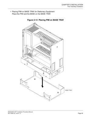 Page 91CHAPTER 2 INSTALLATION
Floor Standing Installation
NEAX2000 IVS2 Installation Procedure Manual
ND-70928 (E), Issue 1.0Page 65
Placing PIM on BASE TRAY for Stationary Equipment
Place the PIM and the BASE on the BASE TRAY.
Figure 2-14  Placing PIM on BASE TRAY
BASE TRAY 