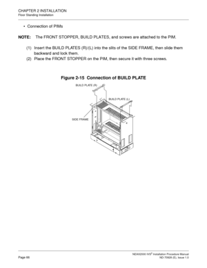 Page 92CHAPTER 2 INSTALLATION
Floor Standing Installation
NEAX2000 IVS2 Installation Procedure ManualPage 66ND-70928 (E), Issue 1.0
Connection of PIMs
NOTE:
The FRONT STOPPER, BUILD PLATES, and screws are attached to the PIM.
(1) Insert the BUILD PLATES (R)/(L) into the slits of the SIDE FRAME, then slide them 
backward and lock them.
(2) Place the FRONT STOPPER on the PIM, then secure it with three screws.
Figure 2-15  Connection of BUILD PLATE
BUILD PLATE (L) BUILD PLATE (R)
SIDE FRAME 