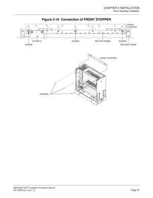 Page 93CHAPTER 2 INSTALLATION
Floor Standing Installation
NEAX2000 IVS2 Installation Procedure Manual
ND-70928 (E), Issue 1.0Page 67
Figure 2-16  Connection of FRONT STOPPER
SCREWPIM SIDE FRAME
SCREWSCREWPZ-PW121PIM TOP FRAME
FRONT 
STOPPER
SCREWS
FRONT STOPPER 