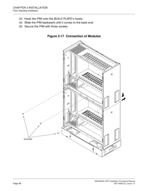 Page 94CHAPTER 2 INSTALLATION
Floor Standing Installation
NEAX2000 IVS2 Installation Procedure ManualPage 68ND-70928 (E), Issue 1.0
(3) Hook the PIM onto the BUILD PLATE’s hooks.
(4) Slide the PIM backward until it comes to the back end.
(5) Secure the PIM with three screws.
Figure 2-17  Connection of Modules
SCREWS 