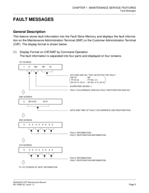 Page 13CHAPTER 1  MAINTENANCE SERVICE FEATURES
Fault Messages
NEAX2000 IVS2 Maintenance Manual    
ND-70926 (E), Issue 1.0   Page 5
FAULT MESSAGES
General Description
This feature stores fault information into the Fault Store Memory and displays the fault informa-
tion on the Maintenance Administration Terminal (MAT) or the Customer Administration Terminal
(CAT). The display format is shown below:
(1) Display Format on CAT/MAT by Command Operation
The fault information is separated into four parts and displayed...