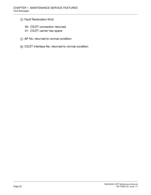 Page 30 NEAX2000 IVS2 Maintenance ManualPage 22  ND-70926 (E), Issue 1.0
CHAPTER 1  MAINTENANCE SERVICE FEATURES
Fault Messages
: Fault Restoration Kind
00: CS/ZT connection returned
01: CS/ZT carrier has space
: AP No. returned to normal condition
: CS/ZT Interface No. returned to normal conditiony
z
A 