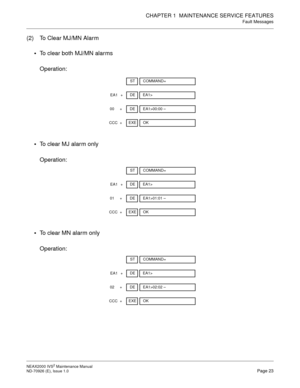 Page 31CHAPTER 1  MAINTENANCE SERVICE FEATURES
Fault Messages
NEAX2000 IVS2 Maintenance Manual    
ND-70926 (E), Issue 1.0   Page 23
(2) To Clear MJ/MN Alarm

To clear both MJ/MN alarms
Operation:

To clear MJ alarm only
Operation:

To clear MN alarm only
Operation:
DE
+EA1>
EA1
STCOMMAND=
DE
+EA1>00:00 –
00
EXE
+OK
CCC
DE
+EA1>
EA1
STCOMMAND=
DE
+EA1>01:01 –
01
EXE
+OK
CCC
DE
+EA1>
EA1
STCOMMAND=
DE
+EA1>02:02 –
02
EXE
+OK
CCC 