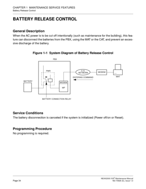 Page 42 NEAX2000 IVS2 Maintenance ManualPage 34  ND-70926 (E), Issue 1.0
CHAPTER 1  MAINTENANCE SERVICE FEATURES
Battery Release Control
BATTERY RELEASE CONTROL
General Description
When the AC power is to be cut off intentionally (such as maintenance for the building), this fea-
ture can disconnect the batteries from the PBX, using the MAT or the CAT, and prevent an exces-
sive discharge of the battery.
Figure 1-1  System Diagram of Battery Release Control
Service Conditions
The battery disconnection is...