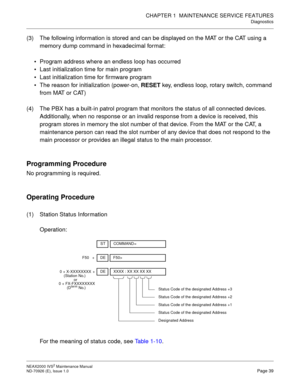 Page 47CHAPTER 1  MAINTENANCE SERVICE FEATURES
Diagnostics
NEAX2000 IVS2 Maintenance Manual    
ND-70926 (E), Issue 1.0   Page 39
(3) The following information is stored and can be displayed on the MAT or the CAT using a 
memory dump command in hexadecimal format: 
Program address where an endless loop has occurred
Last initialization time for main program
Last initialization time for firmware program
The reason for initialization (power-on, RESET
 key, endless loop, rotary switch, command 
from MAT or...