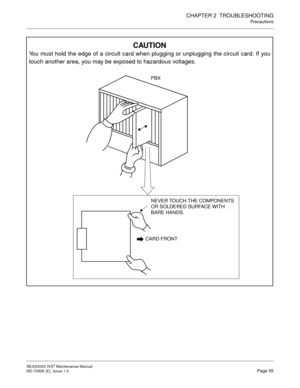 Page 63CHAPTER 2  TROUBLESHOOTING
Precautions
NEAX2000 IVS2 Maintenance Manual    
ND-70926 (E), Issue 1.0   Page 55
CAUTION
You must hold the edge of a circuit card when plugging or unplugging the circuit card. If you
touch another area, you may be exposed to hazardous voltages.
CARD FRONT
NEVER TOUCH THE COMPONENTS 
OR SOLDERED SURFACE WITH 
BARE HANDS.
PBX 