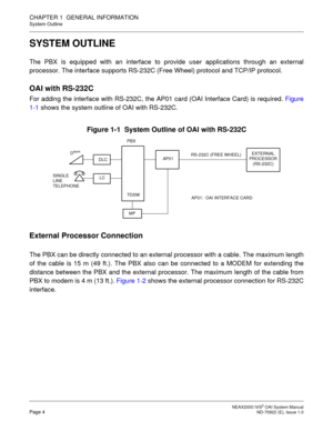 Page 12 NEAX2000 IVS2 OAI System ManualPage 4  ND-70922 (E), Issue 1.0
CHAPTER 1  GENERAL INFORMATION
System Outline
SYSTEM OUTLINE
The PBX is equipped with an interface to provide user applications through an external
processor. The interface supports RS-232C (Free Wheel) protocol and TCP/IP protocol. 
OAI with RS-232C
For adding the interface with RS-232C, the AP01 card (OAI Interface Card) is required. Figure
1-1 shows the system outline of OAI with RS-232C.
Figure 1-1  System Outline of OAI with RS-232C...