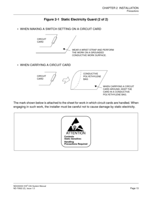 Page 20CHAPTER 2  INSTALLATION
Precautions
NEAX2000 IVS2 OAI System Manual    
ND-70922 (E), Issue 1.0   Page 13
Figure 2-1  Static Electricity Guard (2 of 2)
 WHEN MAKING A SWITCH SETTING ON A CIRCUIT CARD
 WHEN CARRYING A CIRCUIT CARD
The mark shown below is attached to the sheet for work in which circuit cards are handled. When
engaging in such work, the installer must be careful not to cause damage by static electricity.
WEAR A WRIST STRAP AND PERFORM
THE WORK ON A GROUNDED
CONDUCTIVE WORK SURFACE....