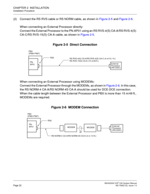 Page 29 NEAX2000 IVS2 OAI System ManualPage 22  ND-70922 (E), Issue 1.0
CHAPTER 2  INSTALLATION
Installation Procedure
(2) Connect the RS RVS cable or RS NORM cable, as shown in Figure 2-5 and Figure 2-6.
When connecting an External Processor directly:
Connect the External Processor to the PN-AP01 using an RS RVS-4(S) CA-A/RS RVS-4(S) 
CA-C/RS RVS-15(S) CA-A cable, as shown in Figure 2-5.
Figure 2-5  Direct Connection
When connecting an External Processor using MODEMs: 
Connect the External Processor through...