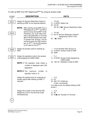 Page 46CHAPTER 3  SYSTEM DATA PROGRAMMING
Data Assignment for MSF
NEAX2000 IVS2 OAI System Manual    
ND-70922 (E), Issue 1.0   Page 39
To start up MSF from PB Telephone/Dterm by using an access code:
DESCRIPTION DATA
Assign the Service Restriction Class for 
starting up MSF to the required stations.
NOTE:After starting up the MSF from a 
PB telephone or Dterm, the PB re-
ceiver is busy during MSF mode. 
Therefore, you must make sure 
that a call origination is not avail-
able if all PB receivers are used. 
To...