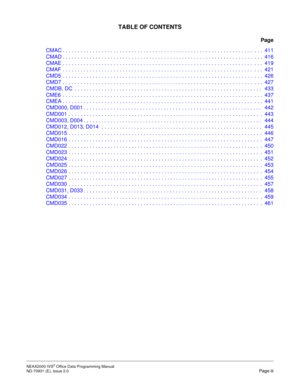 Page 12TABLE OF CONTENTS
Page
NEAX2000 IVS2 Office Data Programming Manual    
ND-70931 (E), Issue 2.0   Page iii
CMAC . . . . . . . . . . . . . . . . . . . . . . . . . . . . . . . . . . . . . . . . . . . . . . . . . . . . . . . . . . . . . . . .  . . .  411
CMAD . . . . . . . . . . . . . . . . . . . . . . . . . . . . . . . . . . . . . . . . . . . . . . . . . . . . . . . . . . . . . . . .  . . .  416
CMAE . . . . . . . . . . . . . . . . . . . . . . . . . . . . . . . . . . . . . . . . . . . . . . . . . . . . . ....