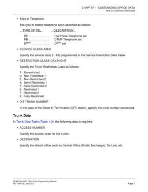 Page 20CHAPTER 1  CUSTOMIZING OFFICE DATA
How to Customize Office Data
NEAX2000 IVS2 Office Data Programming Manual    
ND-70931 (E), Issue 2.0   Page 7
 Type of Telephone
The type of station telephone set is specified as follows:
TYPE OF TEL  
       DESCRIPTION   
DP  . . . . . . . . . . . . .  Dial Pulse Telephone set
PB  . . . . . . . . . . . . .  DTMF Telephone set
D
term . . . . . . . . . . .  Dterm set
 SERVICE CLASS-A/B/C
Specify the service class (1-15) programmed in the Service Restriction Data...