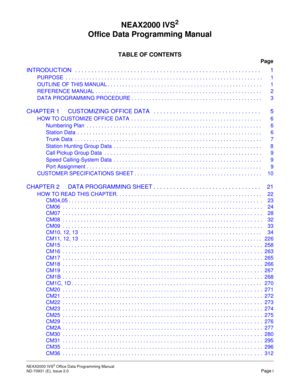 Page 10NEAX2000 IVS2 Office Data Programming Manual    
ND-70931 (E), Issue 2.0   Page i
NEAX2000 IVS2
Office Data Programming Manual
TABLE OF CONTENTS
Page
INTRODUCTION   . . . . . . . . . . . . . . . . . . . . . . . . . . . . . . . . . . . . . . . . . . . . . . . . . . . . . . . . . 1
PURPOSE  . . . . . . . . . . . . . . . . . . . . . . . . . . . . . . . . . . . . . . . . . . . . . . . . . . . . . . . . . . . . . . . .  . .  1
OUTLINE OF THIS MANUAL . . . . . . . . . . . . . . . . . . . . . . . . . . . . . ....