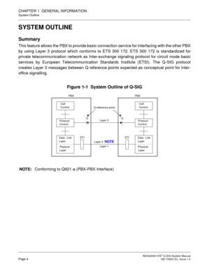 Page 11 NEAX2000 IVS2 Q-SIG System ManualPage 4  ND-70923 (E), Issue 1.0
CHAPTER 1  GENERAL INFORMATION
System Outline
SYSTEM OUTLINE
Summary
This feature allows the PBX to provide basic connection service for interfacing with the other PBX
by using Layer 3 protocol which conforms to ETS 300 172. ETS 300 172 is standardized for
private telecommunication network as Inter-exchange signaling protocol for circuit mode basic
services by European Telecommunication Standards Institute (ETSI). The Q-SIG protocol...