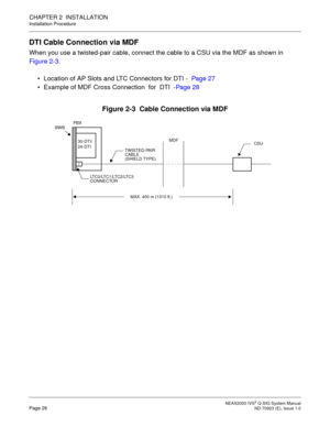 Page 33 NEAX2000 IVS2 Q-SIG System ManualPage 26  ND-70923 (E), Issue 1.0
CHAPTER 2  INSTALLATION
Installation Procedure
DTI Cable Connection via MDF
When you use a twisted-pair cable, connect the cable to a CSU via the MDF as shown in 
Figure 2-3.
 Location of AP Slots and LTC Connectors for DTI -  Page 27
 Example of MDF Cross Connection for DTI - Page 28
Figure 2-3  Cable Connection via MDF
CSU MDF
LT C 0 / LT C 1 / LT C 2 / LT C 3  TWISTED-PAIR
CABLE 24-DTI BWBPBX
(SHIELD TYPE)
MAX. 400 m (1310 ft.)...