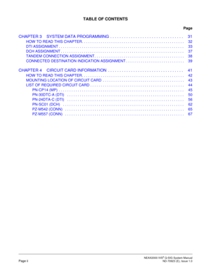 Page 5 NEAX2000 IVS2 Q-SIG System ManualPage ii  ND-70923 (E), Issue 1.0
TABLE OF CONTENTS
Page
CHAPTER 3 SYSTEM DATA PROGRAMMING  . . . . . . . . . . . . . . . . . . . . . . . . . . . . . . . .   31
HOW TO READ THIS CHAPTER. . . . . . . . . . . . . . . . . . . . . . . . . . . . . . . . . . . . . . . . . . . . . . . . .  32
DTI ASSIGNMENT . . . . . . . . . . . . . . . . . . . . . . . . . . . . . . . . . . . . . . . . . . . . . . . . . . . . . . . . . . . .  33
DCH ASSIGNMENT . . . . . . . . . . . . . . . . . ....