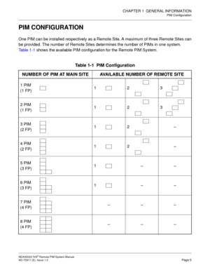 Page 13CHAPTER 1  GENERAL INFORMATION
PIM Configuration
NEAX2000 IVS2 Remote PIM System Manual    
ND-70917 (E), Issue 1.0   Page 5
PIM CONFIGURATION
One PIM can be installed respectively as a Remote Site. A maximum of three Remote Sites can
be provided. The number of Remote Sites determines the number of PIMs in one system.
Table 1-1 shows the available PIM configuration for the Remote PIM System.
Table 1-1  PIM Configuration
NUMBER OF PIM AT MAIN SITE AVAILABLE NUMBER OF REMOTE SITE
1 PIM
(1 FP)123
2 PIM
(1...