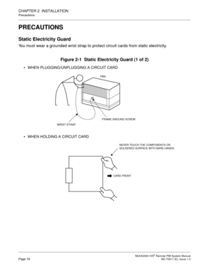 Page 26 NEAX2000 IVS2 Remote PIM System ManualPage 18  ND-70917 (E), Issue 1.0
CHAPTER 2  INSTALLATION
Precautions
PRECAUTIONS
Static Electricity Guard
You must wear a grounded wrist strap to protect circuit cards from static electricity.
Figure 2-1  Static Electricity Guard (1 of 2)
WHEN PLUGGING/UNPLUGGING A CIRCUIT CARD
WHEN HOLDING A CIRCUIT CARD
PBX
WRIST STRAP
FRAME GROUND SCREW
CARD FRONT
NEVER TOUCH THE COMPONENTS OR 
SOLDERED SURFACE WITH BARE HANDS. 