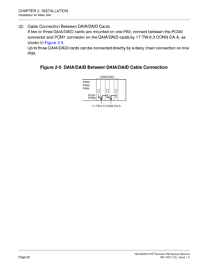 Page 34 NEAX2000 IVS2 Remote PIM System ManualPage 26  ND-70917 (E), Issue 1.0
CHAPTER 2  INSTALLATION
Installation for Main Site
(2) Cable Connection Between DAIA/DAID Cards
If two or three DAIA/DAID cards are mounted on one PIM, connect between the PCM0 
connector and PCM1 connector on the DAIA/DAID cards by 17-TW-0.3 CONN CA-A, as 
shown in Figure 2-5.
Up to three DAIA/DAID cards can be connected directly by a daisy chain connection on one 
PIM.
Figure 2-5  DAIA/DAID Between DAIA/DAID Cable Connection...