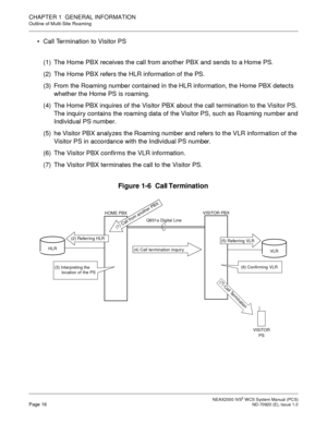 Page 24NEAX2000 IVS2WCS System Manual (PCS)Page 16ND-70920 (E), Issue 1.0
CHAPTER 1 GENERAL INFORMATION
Outline of Multi-Site Roaming
 Call Termination to Visitor PS
(1) The Home PBX receives the call from another PBX and sends to a Home PS.
(2) The Home PBX refers the HLR information of the PS.
(3) From the Roaming number contained in the HLR information, the Home PBX detects
whether the Home PS is roaming.
(4) The Home PBX inquires of the Visitor PBX about the call termination to the Visitor PS.
The inquiry...