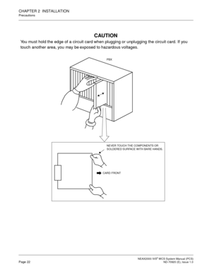 Page 30NEAX2000 IVS2WCS System Manual (PCS)Page 22ND-70920 (E), Issue 1.0
CHAPTER 2 INSTALLATION
Precautions
CAUTION
You must hold the edge of a circuit card when plugging or unplugging the circuit card. If you
touch another area, you may be exposed to hazardous voltages.
CARD FRONT
NEVER TOUCH THE COMPONENTS OR
SOLDERED SURFACE WITH BARE HANDS.
PBX 