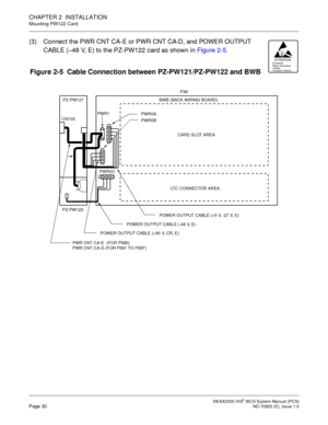 Page 38NEAX2000 IVS2WCS System Manual (PCS)Page 30ND-70920 (E), Issue 1.0
CHAPTER 2 INSTALLATION
Mounting PW122 Card
(3) Connect the PWR CNT CA-E or PWR CNT CA-D, and POWER OUTPUT
CABLE (–48 V, E) to the PZ-PW122 card as shown inFigure 2-5.
Figure 2-5 Cable Connection between PZ-PW121/PZ-PW122 and BWB
ATTENTIONContents
Static SensitiveHa ndl ing
Prec au tio ns Requ ired
PWR CNT CA-E (FOR PIM0)
PWR CNT CA-D (FOR PIM1 TO PIM7)PWR0B PWR1 PZ-PW121 BWB (BACK WIRING BOARD)PIM
PWR0CPWR0A
POWER OUTPUT CABLE (+90 V, CR,...