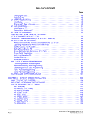 Page 6NEAX2000 IVS2WCS System Manual (PCS)Page iiND-70920 (E), Issue 1.0
TABLE OF CONTENTS
Page
ChangingPSData ......................................................... 45
ReplacingPS ............................................................. 45
ZTDATAPROGRAMMING ..................................................... 46
InitialSetup .............................................................. 46
ChangingZTDatainService ................................................. 49...