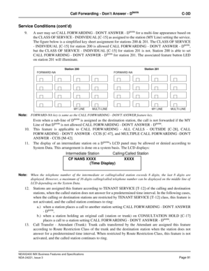 Page 121NEAX2400 IMX Business Features and Specifications
NDA-24221, Issue 3
Page 91
Call Forwarding - Don’t Answer - DtermC-3D
Service Conditions (cont’d)
9. A user may set CALL FORWARDING - DONT ANSWER - Dterm for a multi-line appearance based on
the CLASS OF SERVICE - INDIVIDUAL [C-15] as assigned to the station (MY Line) setting the service.
The figure below is a simplified key sheet assignment for stations 200 & 201. The CLASS OF SERVICE
- INDIVIDUAL [C-15] for station 200 is allowed CALL FORWARDING - DONT...