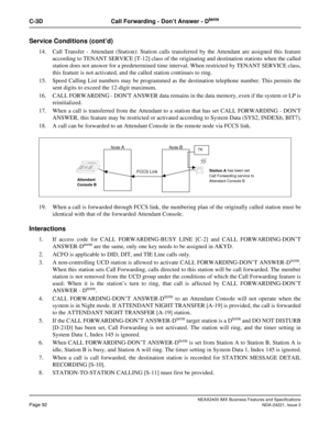 Page 122NEAX2400 IMX Business Features and Specifications
Page 92NDA-24221, Issue 3
C-3D Call Forwarding - Don’t Answer - Dterm
Service Conditions (cont’d)
14. Call Transfer - Attendant (Station): Station calls transferred by the Attendant are assigned this feature
according to TENANT SERVICE [T-12] class of the originating and destination stations when the called
station does not answer for a predetermined time interval. When restricted by TENANT SERVICE class,
this feature is not activated, and the called...