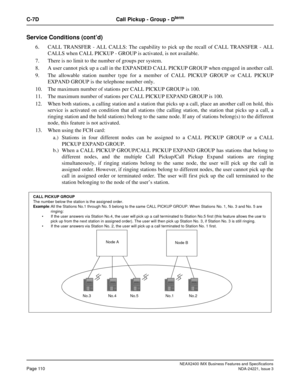 Page 140NEAX2400 IMX Business Features and Specifications
Page 110NDA-24221, Issue 3
C-7D Call Pickup - Group - Dterm
Service Conditions (cont’d)
6. CALL TRANSFER - ALL CALLS: The capability to pick up the recall of CALL TRANSFER - ALL
CALLS when CALL PICKUP - GROUP is activated, is not available.
7. There is no limit to the number of groups per system.
8. A user cannot pick up a call in the EXPANDED CALL PICKUP GROUP when engaged in another call.
9. The allowable station number type for a member of CALL PICKUP...