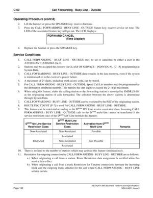 Page 192NEAX2400 IMX Business Features and Specifications
Page 162NDA-24221, Issue 3
C-60 Call Forwarding - Busy Line - Outside
Operating Procedure (cont’d)
2. Lift the handset or press the SPEAKER key; receive dial tone.
3. Press the CALL FORWARDING - BUSY LINE - OUTSIDE feature key; receive service set tone. The
LED of the associated feature key will go out. The LCD displays: 
4. Replace the handset or press the SPEAKER key.
Service Conditions
1. CALL FORWARDING - BUSY LINE - OUTSIDE may be set or cancelled by...