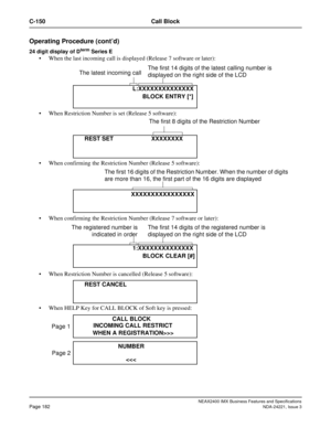 Page 212NEAX2400 IMX Business Features and Specifications
Page 182NDA-24221, Issue 3
C-150 Call Block
Operating Procedure (cont’d)
24 digit display of Dterm Series E
 When the last incoming call is displayed (Release 7 software or later):
 When Restriction Number is set (Release 5 software):
 When confirming the Restriction Number (Release 5 software):
 When confirming the Restriction Number (Release 7 software or later):
 When Restriction Number is cancelled (Release 5 software):
 When HELP Key for CALL...