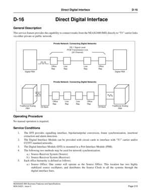 Page 245NEAX2400 IMX Business Features and Specifications
NDA-24221, Issue 3
Page 215
Direct Digital Interface D-16
D-16 Direct Digital Interface
General Description
This service feature provides the capability to connect trunks from the NEAX2400 IMX directly to “T1” carrier links
via either private or public network.
Operating Procedure
No manual operation is required.
Service Conditions
1. The DTI provides signalling interface, bipolar/unipolar conversion, frame synchronization, insertion/
extraction and alarm...
