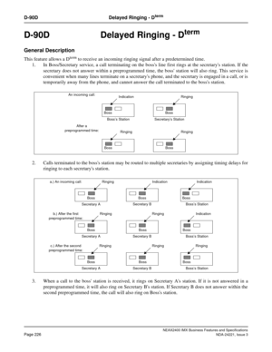 Page 256NEAX2400 IMX Business Features and Specifications
Page 226NDA-24221, Issue 3
D-90D Delayed Ringing - Dterm
D-90D Delayed Ringing - Dterm
General Description
This feature allows a Dterm to receive an incoming ringing signal after a predetermined time.
1. In Boss/Secretary service, a call terminating on the bosss line first rings at the secretarys station. If the
secretary does not answer within a preprogrammed time, the boss station will also ring. This service is
convenient when many lines terminate on a...