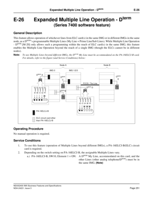 Page 281NEAX2400 IMX Business Features and Specifications
NDA-24221, Issue 3
Page 251
Expanded Multiple Line Operation - DtermE-26
E-26  Expanded Multiple Line Operation - Dterm
          (Series 7400 software feature)
General Description
This feature allows operation of whichever lines from ELC card(s) in the same IMG or in different IMGs in the same
node, as a Dterm’s programmable Multiple Lines (My Line + Prime Line/Sub Lines). While Multiple Line Operation
- Dterm [M-20] only allows such a programming within...
