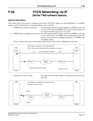 Page 301NEAX2400 IMX Business Features and Specifications
NDA-24221, Issue 3
Page 271
FCCS Networking via IP F-36
F-36 FCCS Networking via IP
         (Series 7400 software feature)
General Description
This feature allows the system to exchange both speech and FCCS signals over Internet/Intranet. To establish/
release a call, the following two connection patterns can be selected:
 IPTRK Point-to-Point Connection: For both speech and FCCS signal channels, an IPTRK circuit card
is used. At this time, the IPTRK...