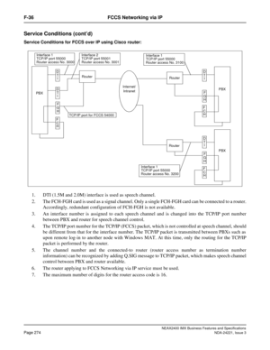 Page 304NEAX2400 IMX Business Features and Specifications
Page 274NDA-24221, Issue 3
F-36 FCCS Networking via IP
Service Conditions (cont’d)
Service Conditions for FCCS over IP using Cisco router:
1. DTI (1.5M and 2.0M) interface is used as speech channel.
2. The FCH-FGH card is used as a signal channel. Only a single FCH-FGH card can be connected to a router.
Accordingly, redundant configuration of FCH-FGH is not available.
3. An interface number is assigned to each speech channel and is changed into the TCP/IP...