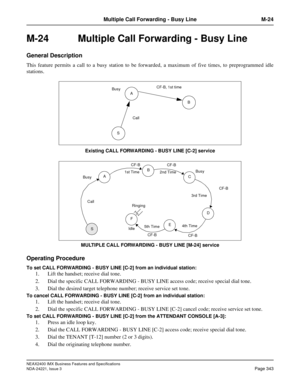 Page 373NEAX2400 IMX Business Features and Specifications
NDA-24221, Issue 3
Page 343
Multiple Call Forwarding - Busy Line M-24
M-24  Multiple Call Forwarding - Busy Line
General Description
This feature permits a call to a busy station to be forwarded, a maximum of five times, to preprogrammed idle
stations.
Existing CALL FORWARDING - BUSY LINE [C-2] service
MULTIPLE CALL FORWARDING - BUSY LINE [M-24] service
Operating Procedure
To set CALL FORWARDING - BUSY LINE [C-2] from an individual station:
1. Lift the...