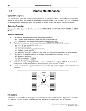 Page 472NEAX2400 IMX Business Features and Specifications
Page 442NDA-24221, Issue 3
R-7 Remote Maintenance
R-7 Remote Maintenance
General Description
This feature allows office data changes or reassignments to be performed without a site visit by service personnel,
and can be used to detect fault tendencies before they affect service. One REMOTE MAINTENANCE center can
service an unlimited amount of systems, thus reducing the amount of personnel needed to maintain each site.
Operating Procedure
The operation of...