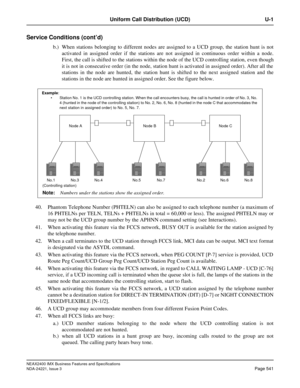Page 571NEAX2400 IMX Business Features and Specifications
NDA-24221, Issue 3
Page 541
Uniform Call Distribution (UCD) U-1
Service Conditions (cont’d)
b.) When stations belonging to different nodes are assigned to a UCD group, the station hunt is not
activated in assigned order if the stations are not assigned in continuous order within a node.
First, the call is shifted to the stations within the node of the UCD controlling station, even though
it is not in consecutive order (in the node, station hunt is...