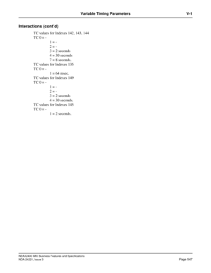 Page 577NEAX2400 IMX Business Features and Specifications
NDA-24221, Issue 3
Page 547
Variable Timing Parameters V-1
Interactions (cont’d)
TC values for Indexes 142, 143, 144 
TC 0 = -
1 = -
2 = -
3 = 2 seconds
4 = 30 seconds 
7 = 8 seconds.
TC values for Indexes 135 
TC 0 = -
1 = 64 msec.
TC values for Indexes 149 
TC 0 = -
1 = -
2 = -
3 = 2 seconds
4 = 30 seconds. 
TC values for Indexes 145 
TC 0 = -
1 = 2 seconds. 