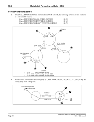 Page 139NEAX2400 IMX CCIS Features and Specifications
Page 124NDA-24222, Issue 3
M-40 Multiple Call Forwarding - All Calls - CCIS
Service Conditions (cont’d)
3. When CALL FORWARDING is performed in a CCIS network, the following services are not available
at a forwarded-to station:
CALL FORWARDING-ALL CALLS-OUTSIDE  [C-28]
CALL FORWARDING-BUSY LINE-OUTSIDE [C-60]
CALL FORWARDING-DON’T ANSWER-OUTSIDE [C-74]
4. When a call is forwarded to the calling party by CALL FORWARDING-ALL CALLS - CCIS [M-40], the
calling...