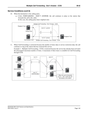 Page 160NEAX2400 IMX CCIS Features and Specifications
NDA-24222, Issue 3
Page 145
Multiple Call Forwarding - Don’t Answer - CCIS M-42
Service Conditions (cont’d)
10. When the destination is the calling party:
a.) CALL FORWARDING - DON’T ANSWER: the call continues to place at the station that
forwards the call to the caller.
In this case, the calling party hears ringback tone:
11. When Call Forwarding is restricted because the number of times data or service restriction data, the call
continues to ring at the...